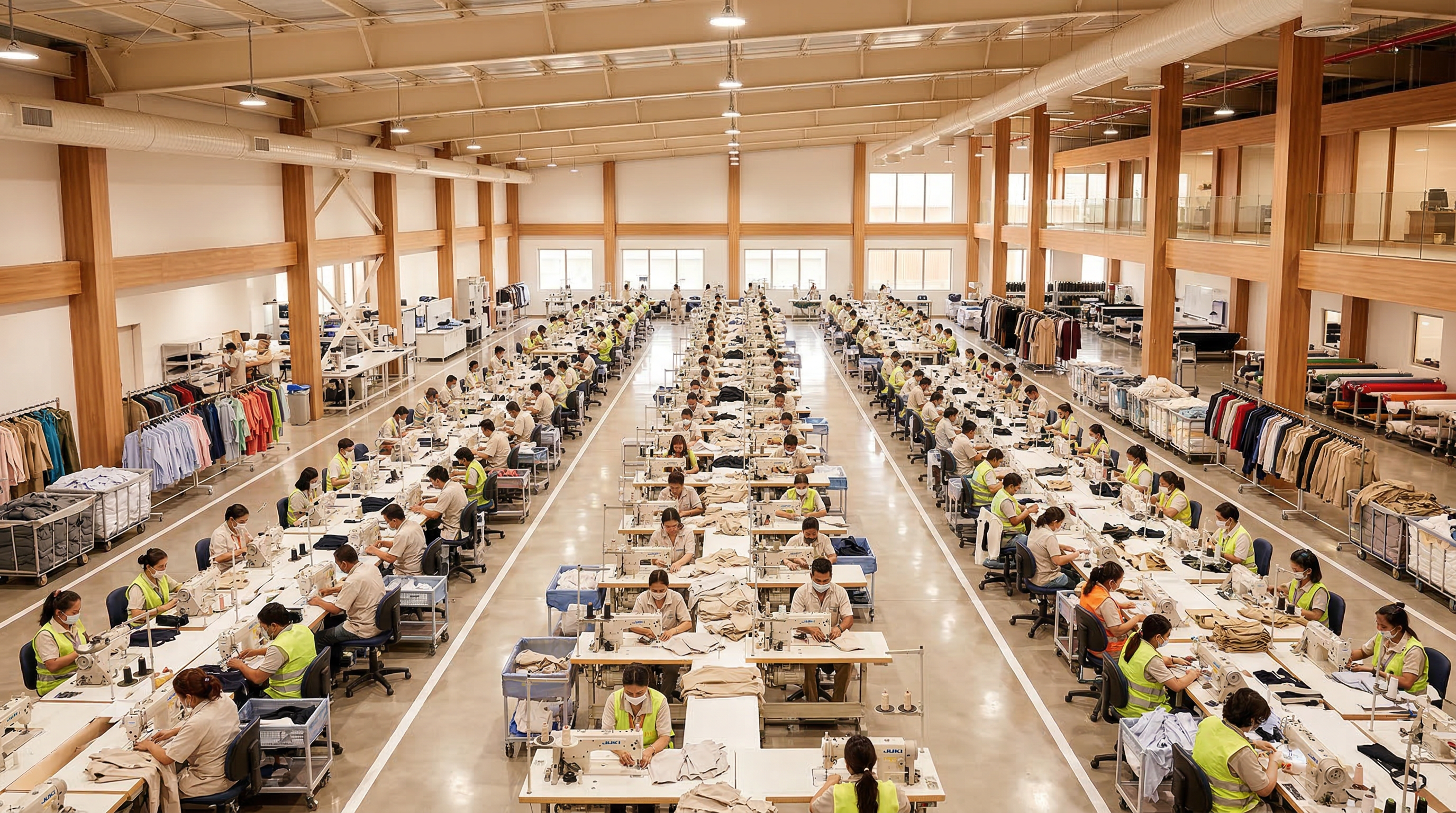 Modern garment manufacturing facility with workers at sewing stations