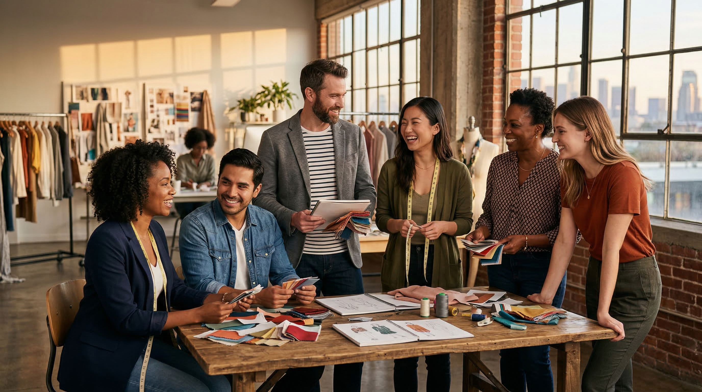 Lorency team collaborating on fabric selections in the design studio